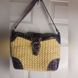 Woven Straw Shoulder Bag with Dark Brown Trim
